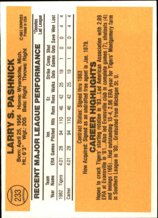 1983 Donruss #233 Larry Pashnick back image