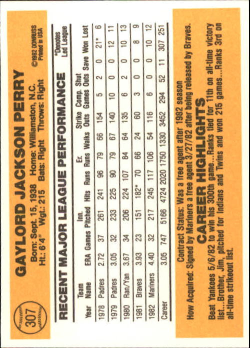 1983 Donruss #307 Gaylord Perry back image
