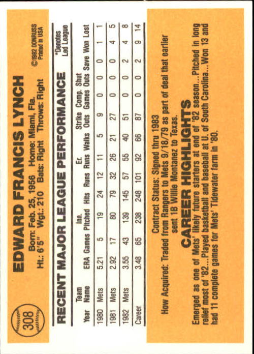 1983 Donruss #308 Ed Lynch back image