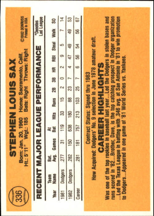 1983 Donruss #336 Steve Sax back image