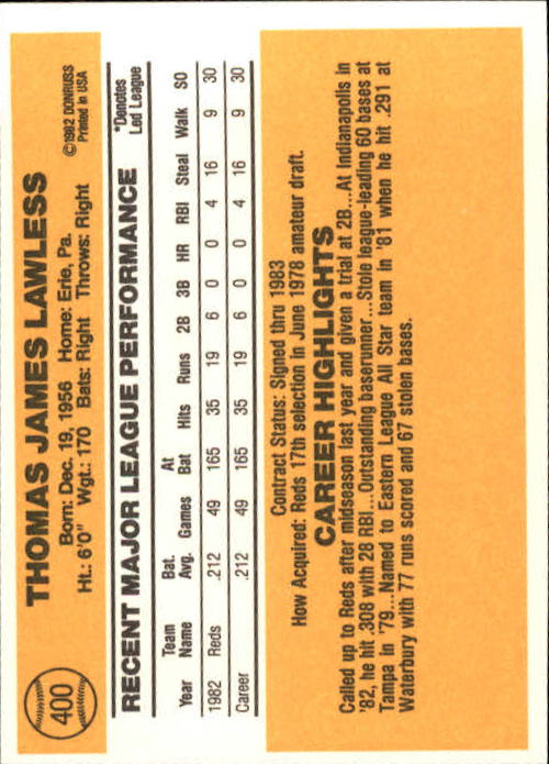 1983 Donruss #400 Tom Lawless back image