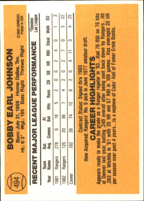 1983 Donruss #494 Bobby Johnson back image