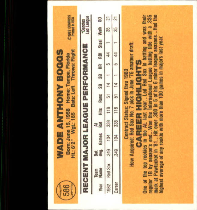 1983 Donruss #586 Wade Boggs RC back image