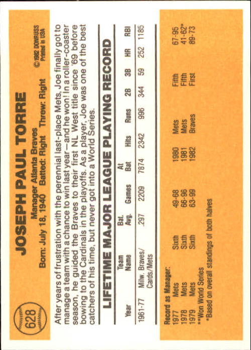 1983 Donruss #628 Joe Torre MG back image