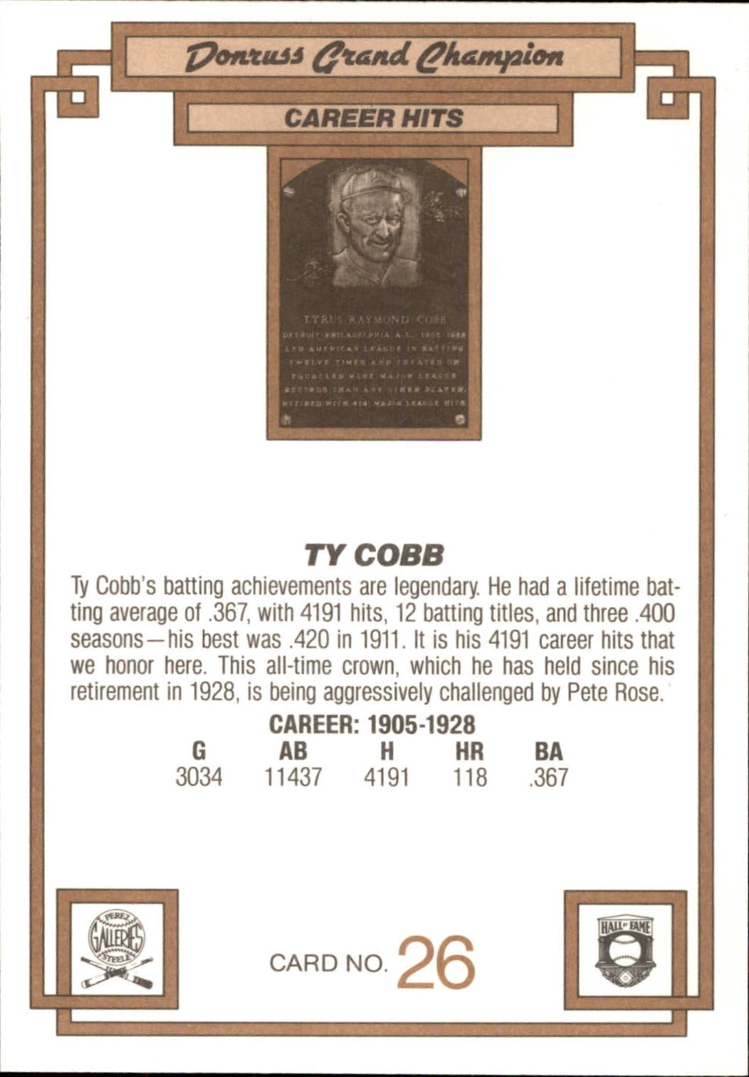 1984 Donruss Champions #26 Ty Cobb GC back image