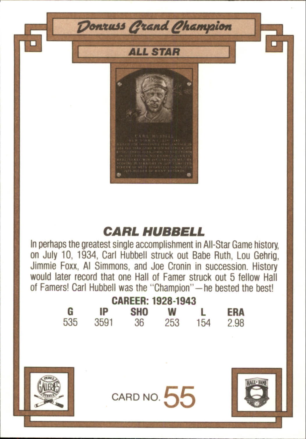 1984 Donruss Champions #55 Carl Hubbell GC back image