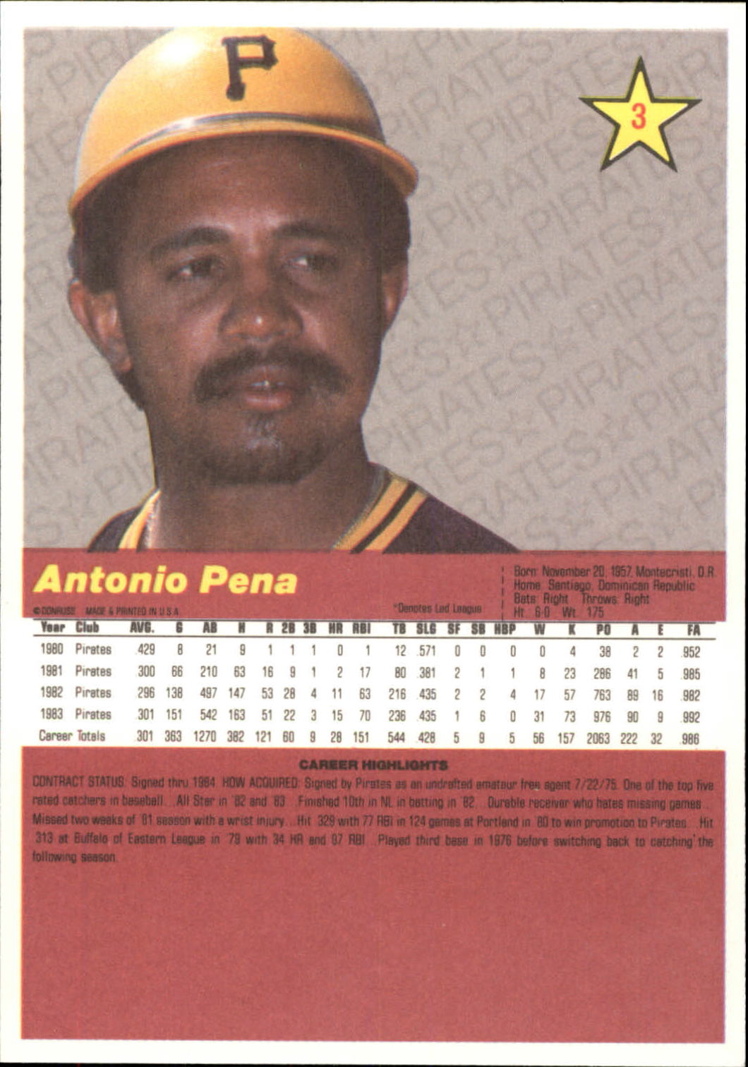1984 Donruss Action All-Stars #3 Tony Pena back image