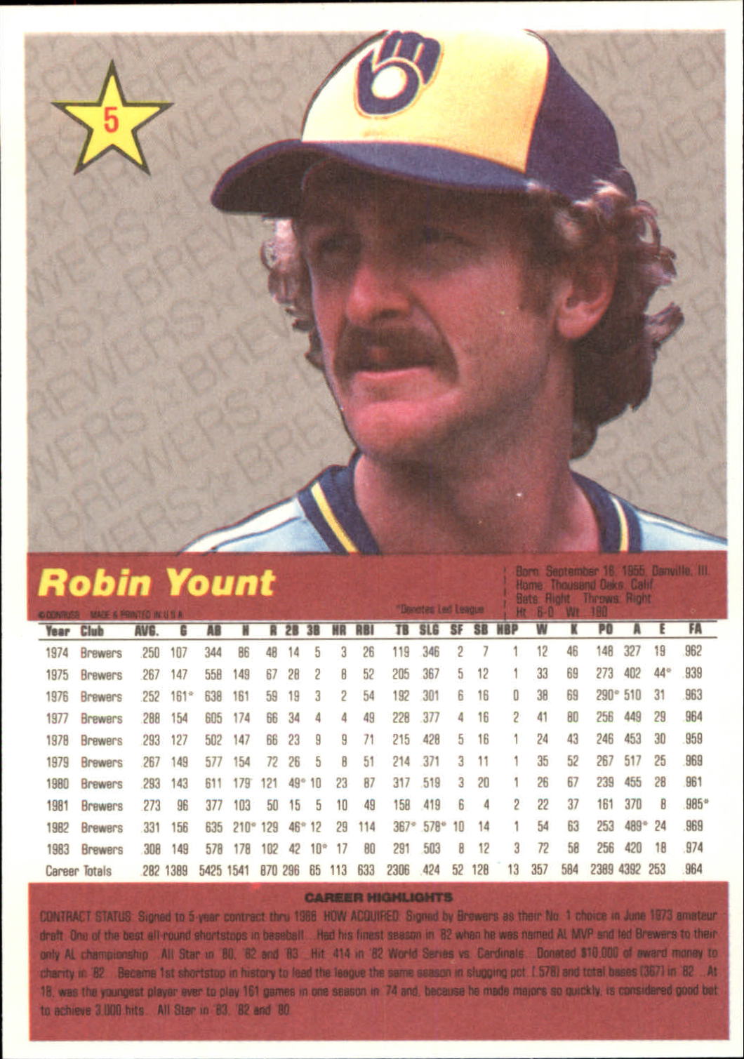 1984 Donruss Action All-Stars #5 Robin Yount back image