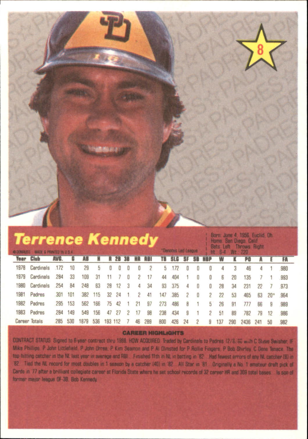 1984 Donruss Action All-Stars #8 Terry Kennedy back image