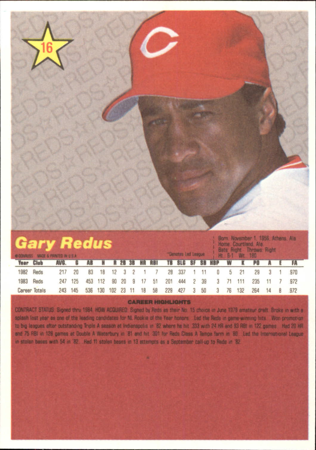 1984 Donruss Action All-Stars #16 Gary Redus back image