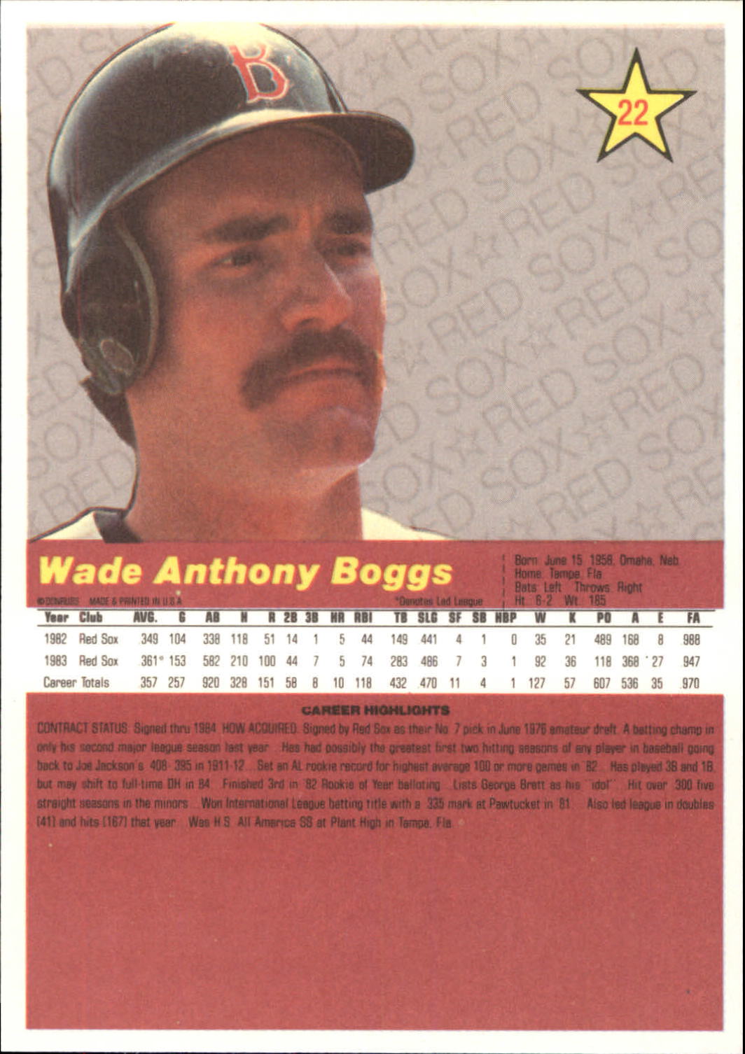 1984 Donruss Action All-Stars #22 Wade Boggs back image