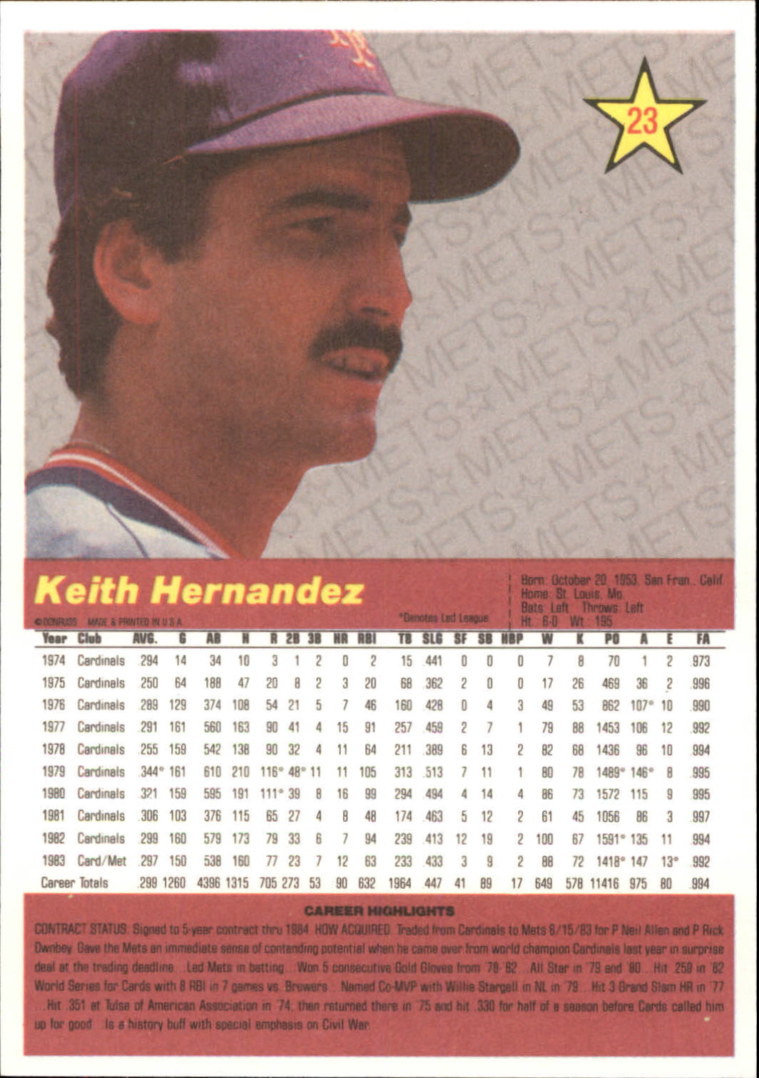 1984 Donruss Action All-Stars #23 Keith Hernandez back image