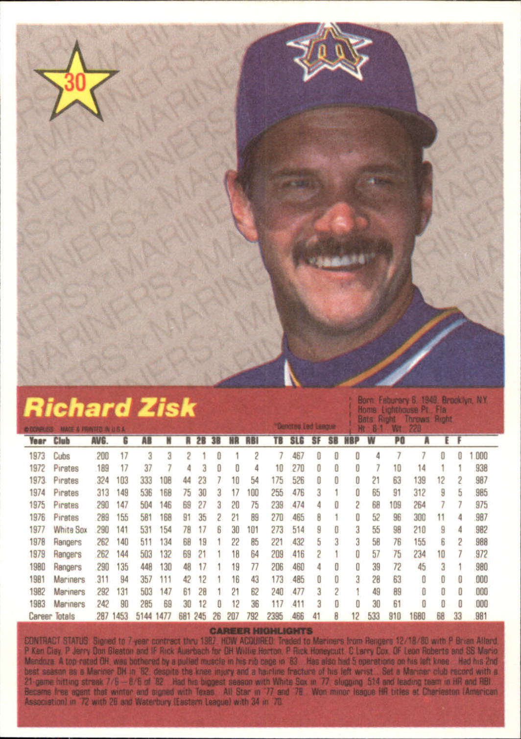 1984 Donruss Action All-Stars #30 Richie Zisk back image