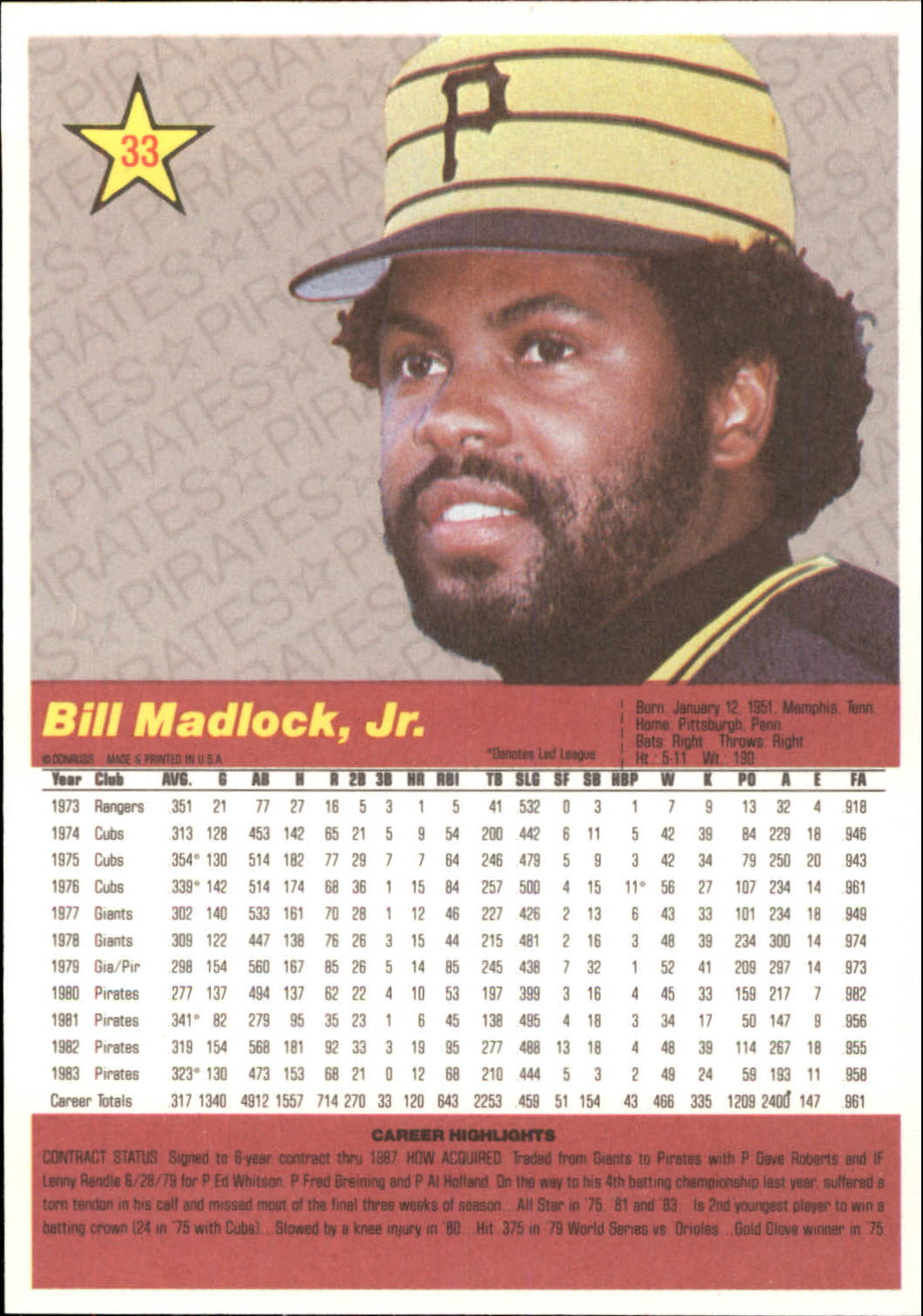 1984 Donruss Action All-Stars #33 Bill Madlock back image