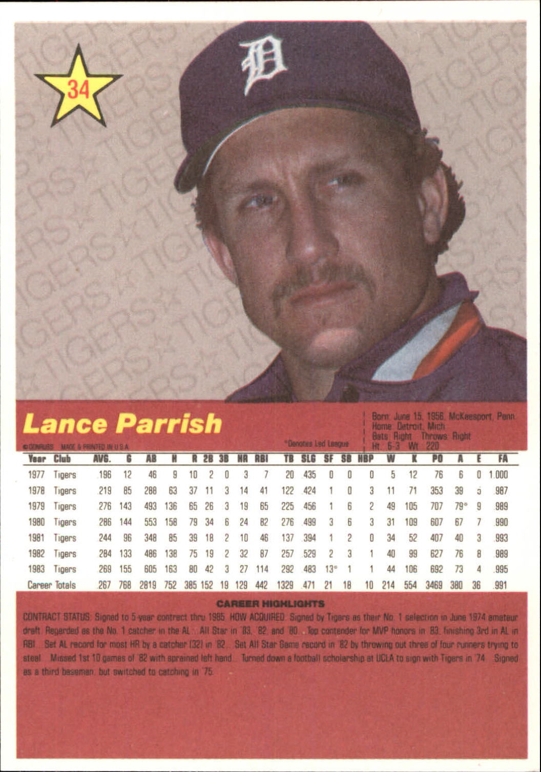 1984 Donruss Action All-Stars #34 Lance Parrish back image