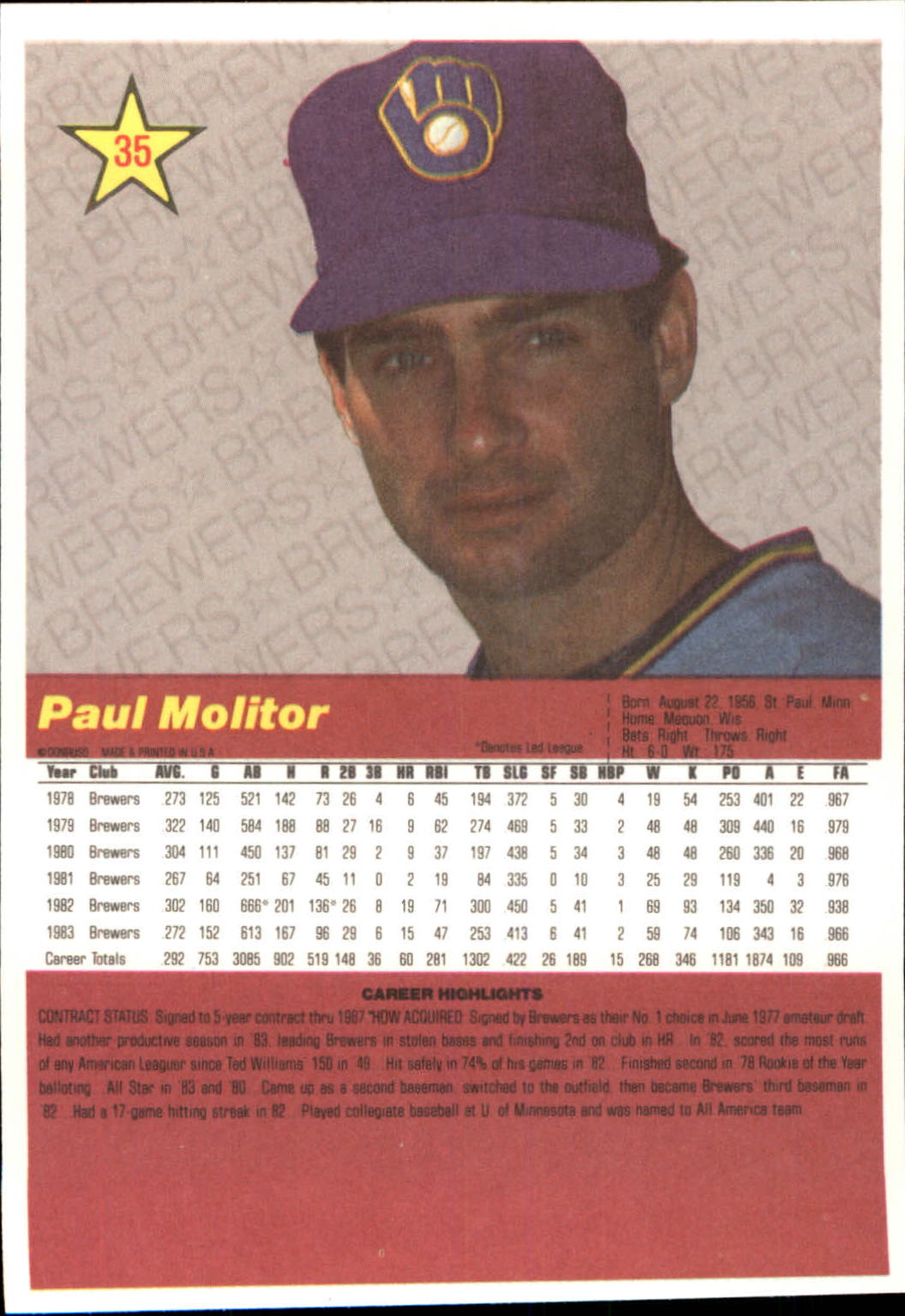 1984 Donruss Action All-Stars #35 Paul Molitor back image