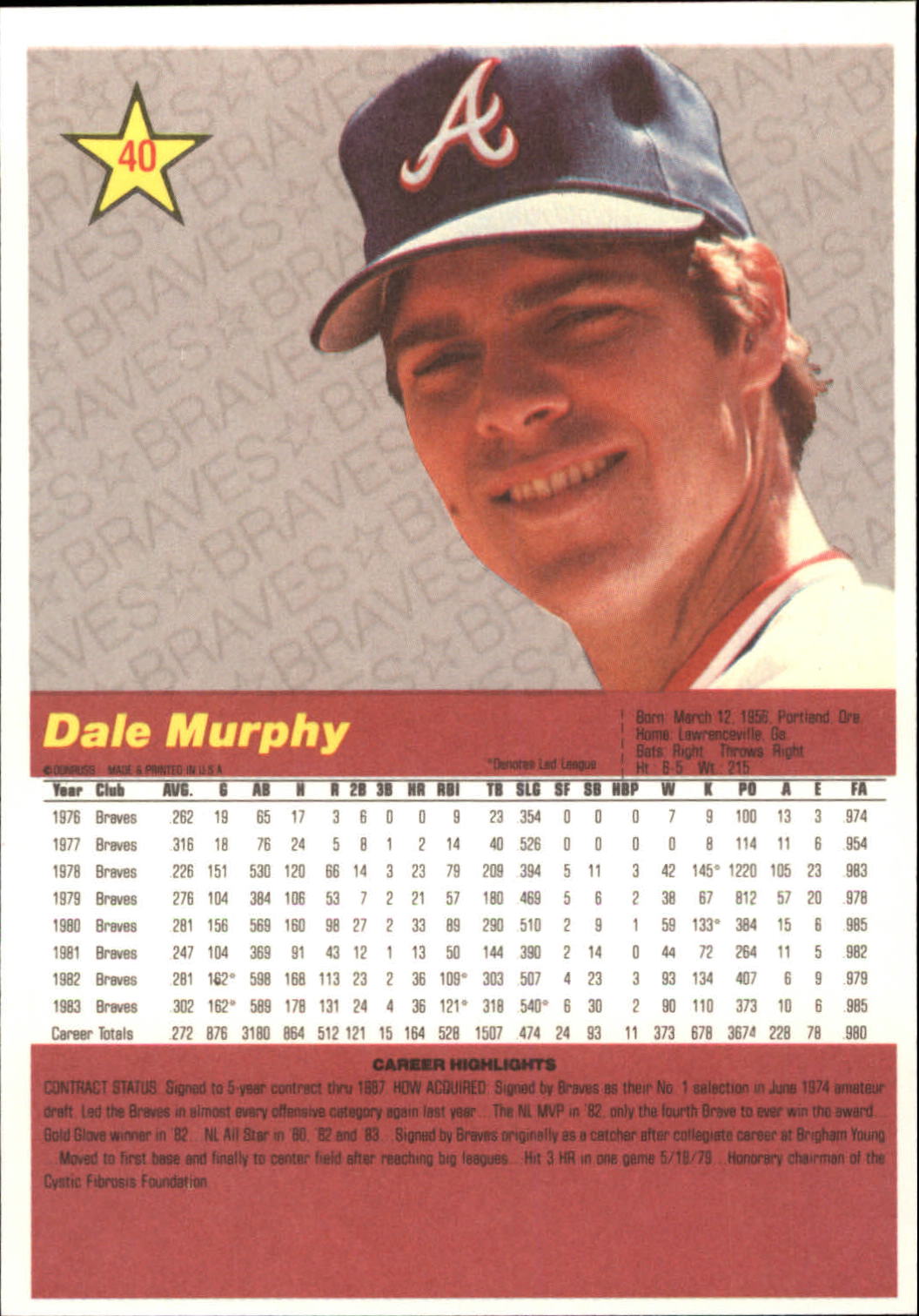 1984 Donruss Action All-Stars #40 Dale Murphy back image