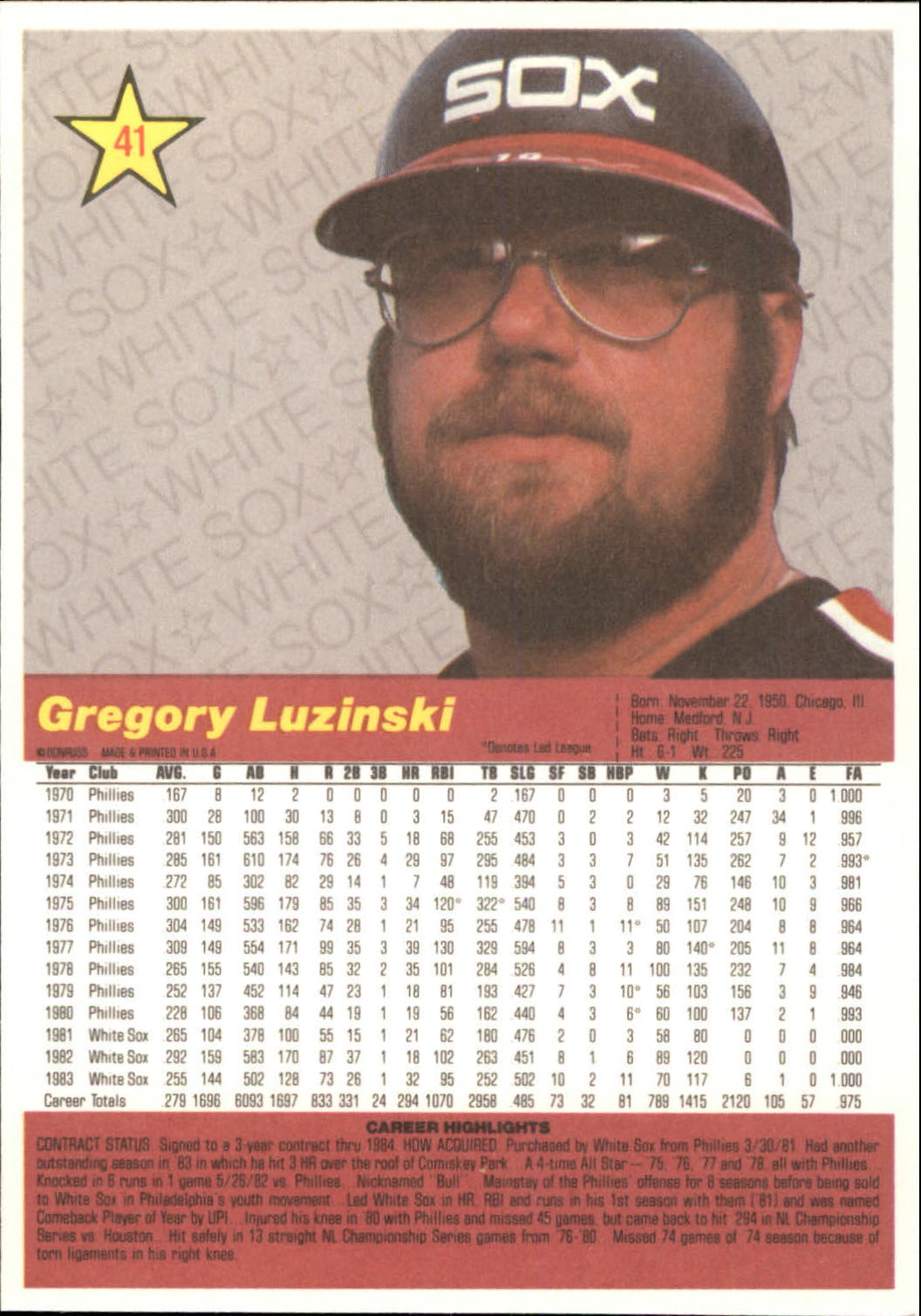 1984 Donruss Action All-Stars #41 Greg Luzinski back image