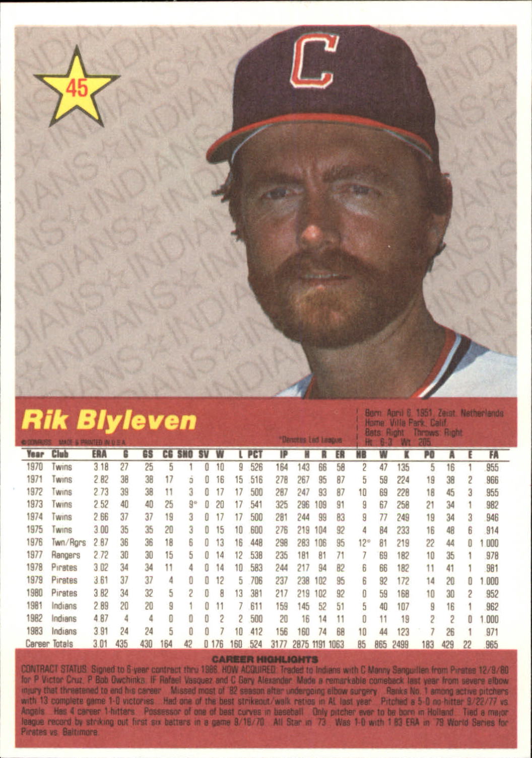 1984 Donruss Action All-Stars #45 Bert Blyleven back image