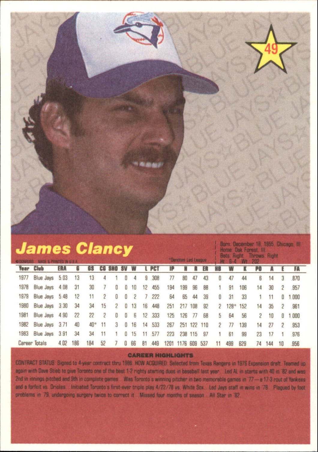 1984 Donruss Action All-Stars #49 Jim Clancy back image