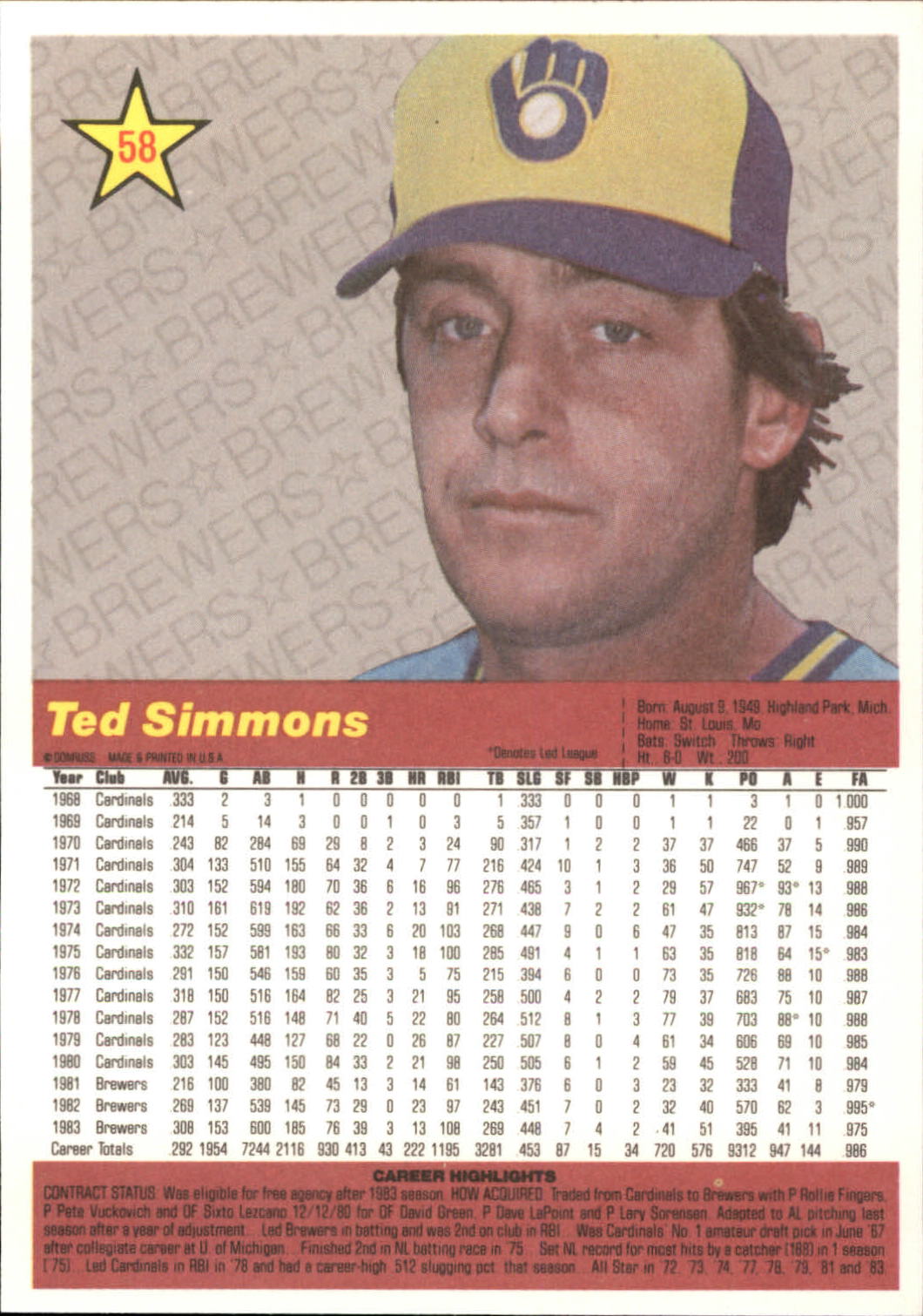 1984 Donruss Action All-Stars #58 Ted Simmons back image