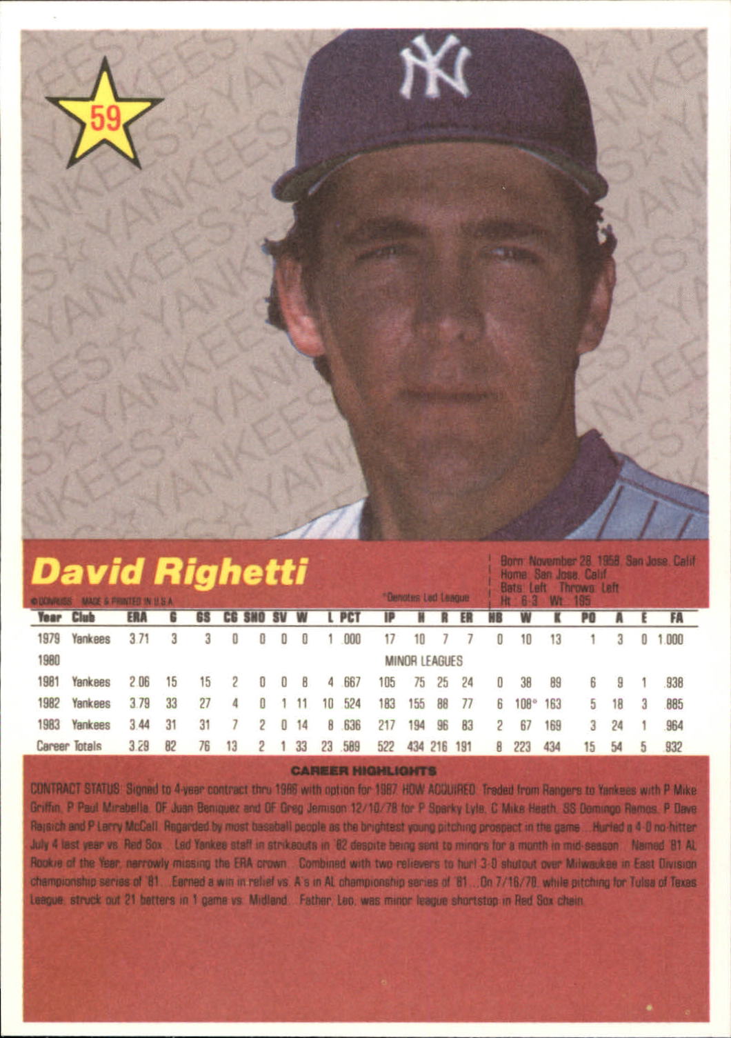 1984 Donruss Action All-Stars #59 Dave Righetti back image