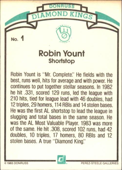1984 Donruss #1 Robin Yount DK COR back image