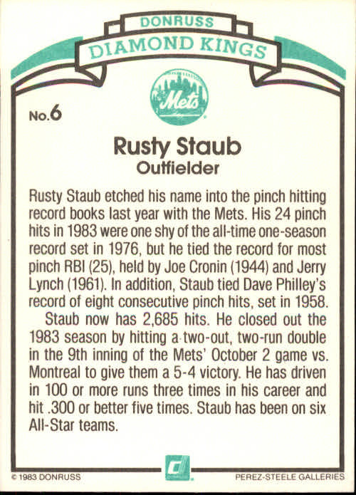 1984 Donruss #6 Rusty Staub DK COR back image