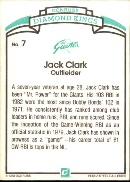1984 Donruss #7 Jack Clark DK COR back image
