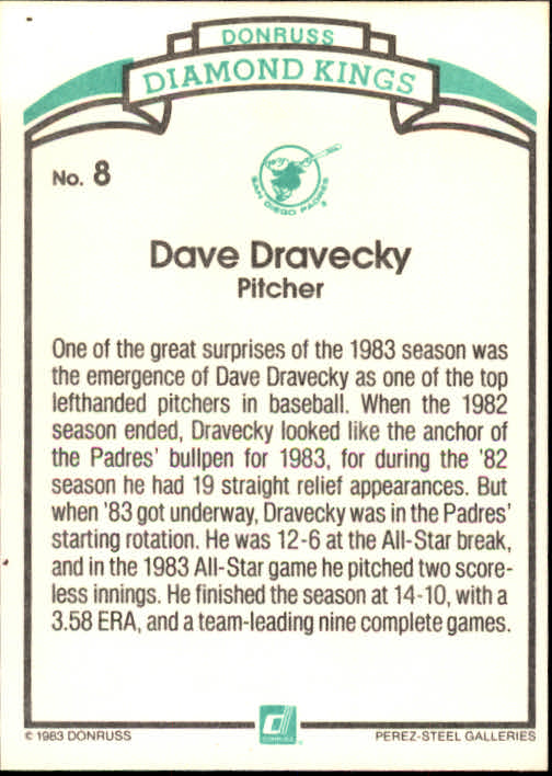 1984 Donruss #8 Dave Dravecky DK/COR back image