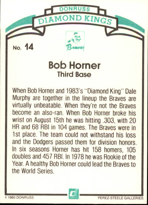 1984 Donruss #14 Bob Horner DK COR back image