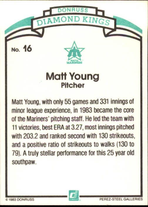 1984 Donruss #16 Matt Young DK COR back image