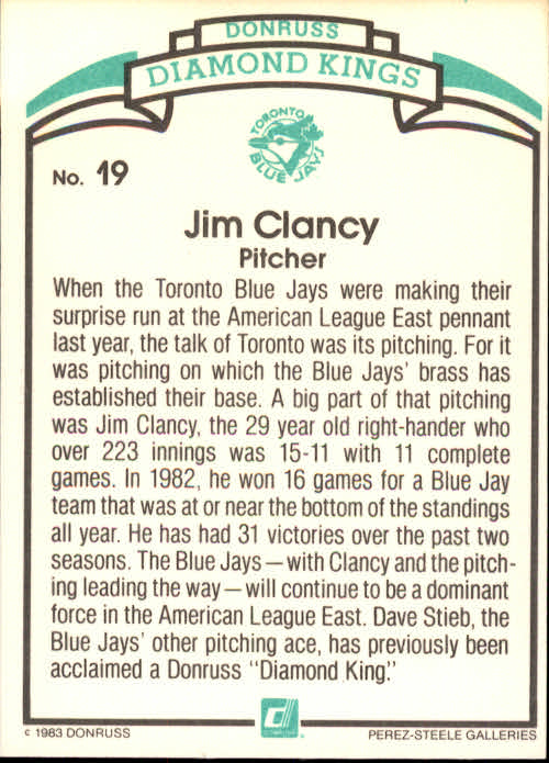 1984 Donruss #19 Jim Clancy DK COR back image