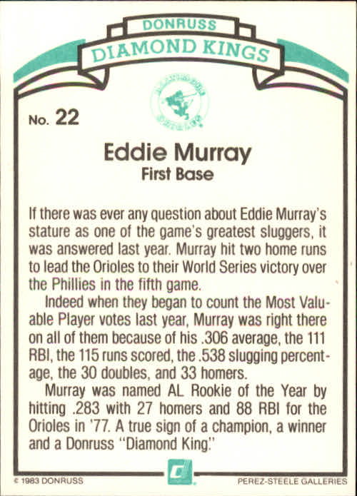1984 Donruss #22 Eddie Murray DK COR back image