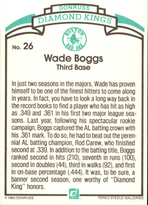 1984 Donruss #26 Wade Boggs DK COR back image