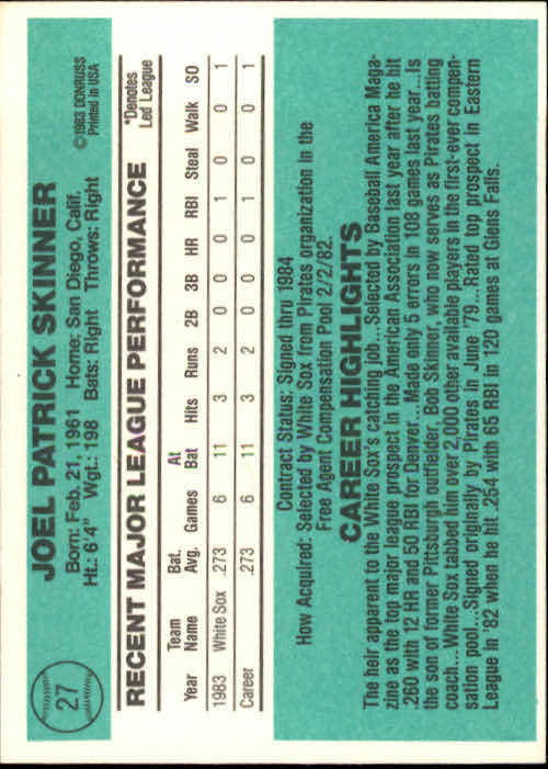 1984 Donruss #27 Joel Skinner RC back image
