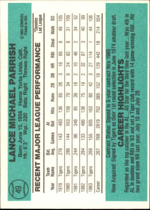 1984 Donruss #49 Lance Parrish back image