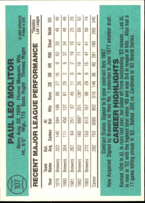 1984 Donruss #107 Paul Molitor UER/'83 stats should/say .270 BA, 608 AB,/and 164 hits back image