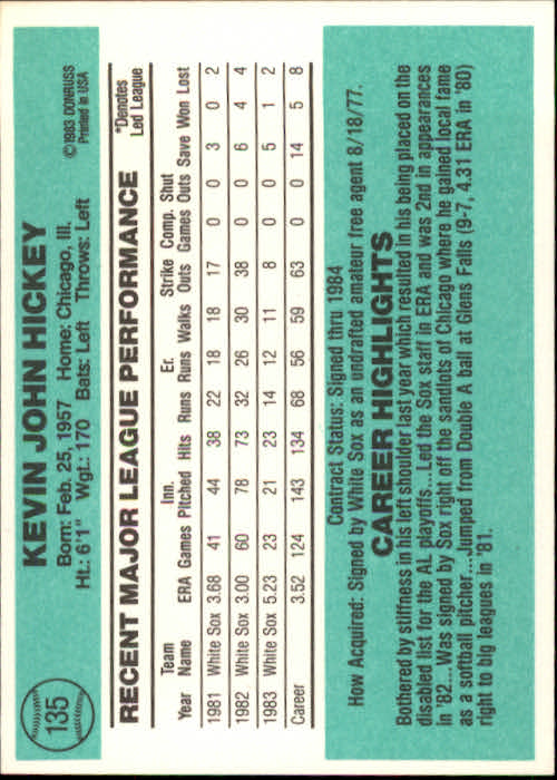 1984 Donruss #135 Kevin Hickey back image