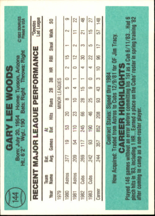 1984 Donruss #144 Gary Woods back image
