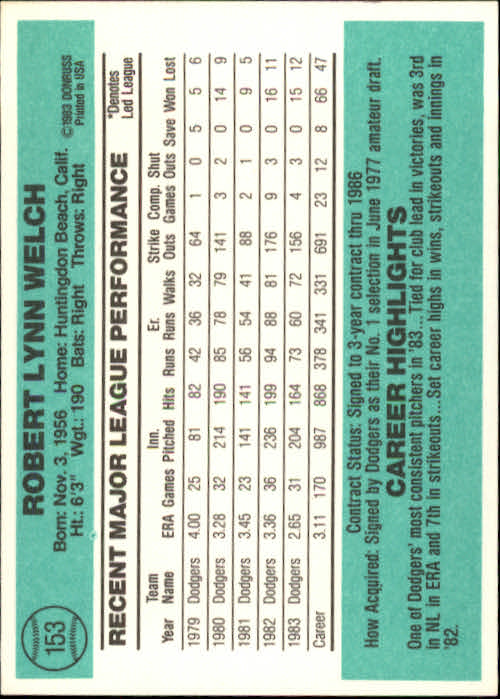 1984 Donruss #153 Bob Welch back image