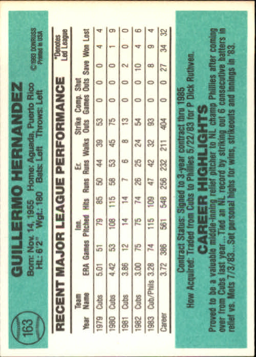 1984 Donruss #163 Willie Hernandez back image