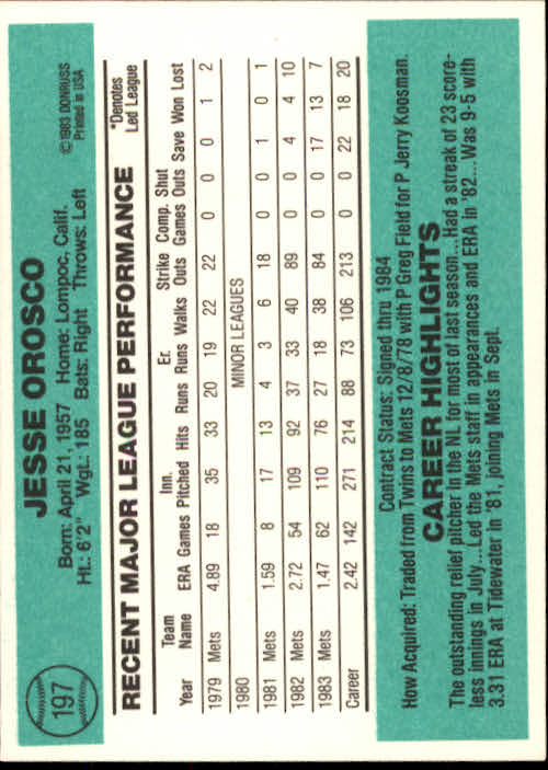 1984 Donruss #197 Jesse Orosco back image