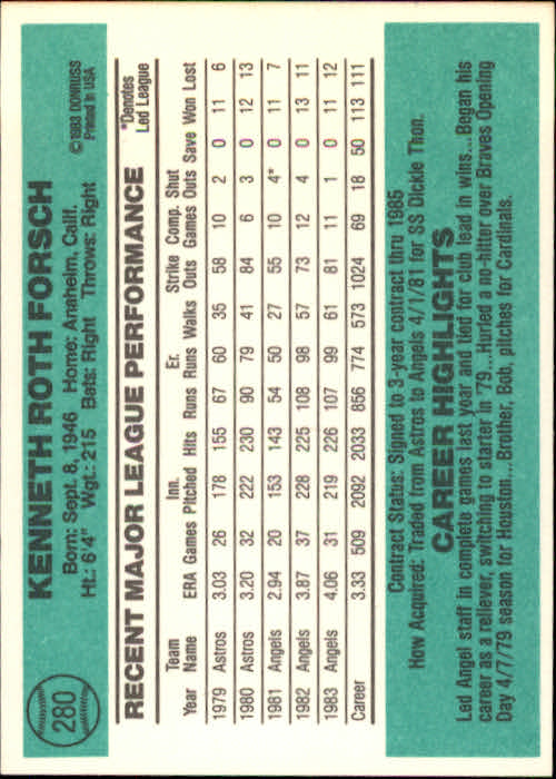 1984 Donruss #280 Ken Forsch back image