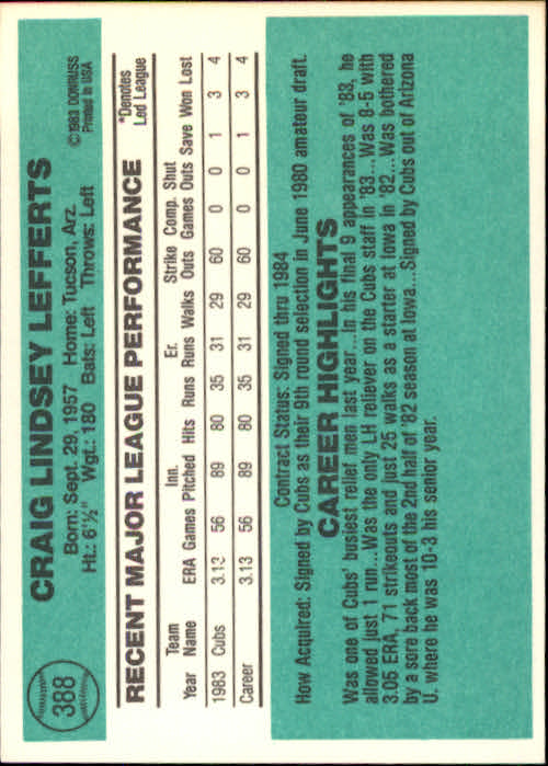 1984 Donruss #388 Craig Lefferts RC back image