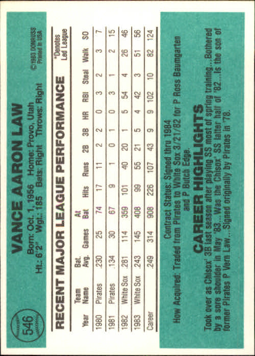 1984 Donruss #546 Vance Law UER/Listed as P/on card front back image
