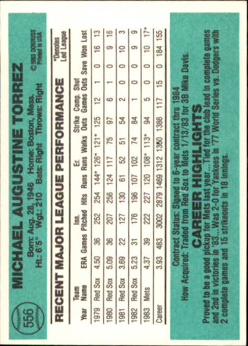 1984 Donruss #556 Mike Torrez back image