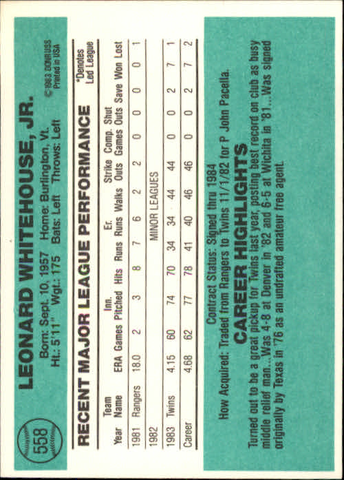 1984 Donruss #558 Len Whitehouse back image