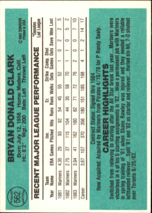 1984 Donruss #562 Bryan Clark back image