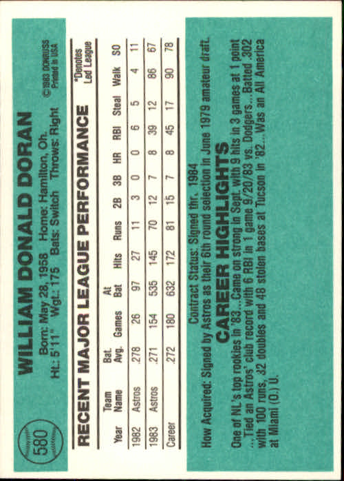 1984 Donruss #580 Bill Doran RC back image